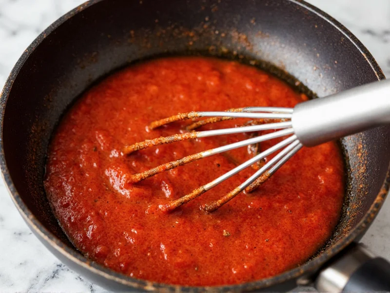 Whisking tomato paste into toasted chili spices in skillet