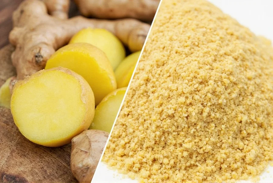 Fresh ginger root next to ground ginger powder showing visual comparison