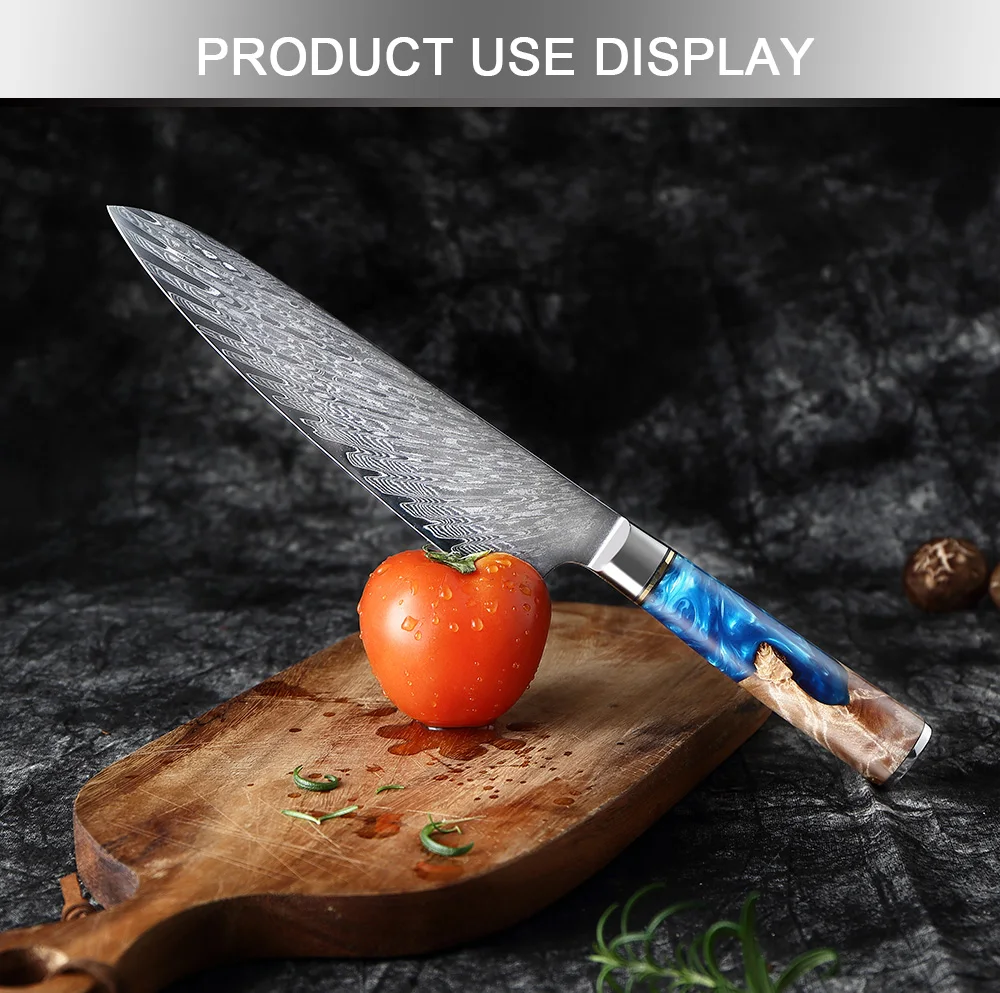 XITUO Damascus Steel Japanese VG10 Chef Knife Paring Fruit Vegetable Kitchen knife Blue Resin Color Wood Handle Cooking Tool