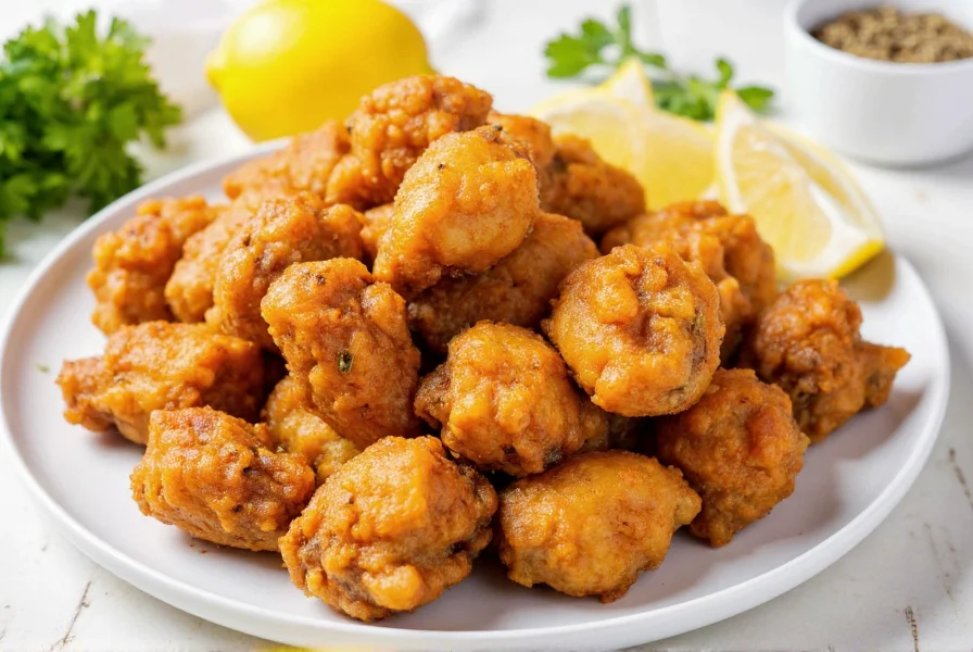 Crispy golden chicken wings coated in lemon pepper seasoning on a white plate with lemon slices and fresh parsley garnish