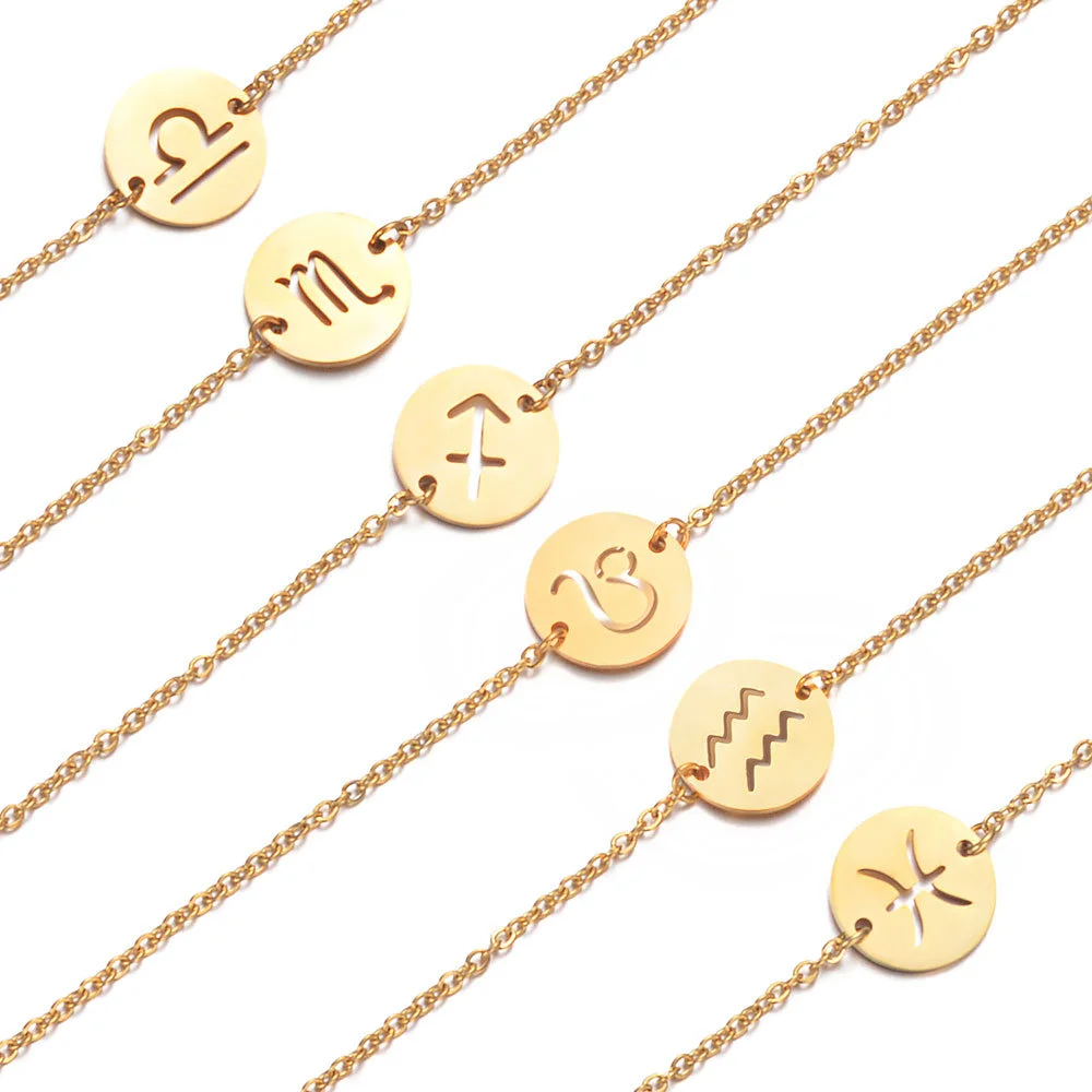 

Fashion Gold Plated Zodiac Charm Bracelets Stainless Steel No Fade Minimalist 12 Star Zodiac Bangle Bracelet Jewelry For Women