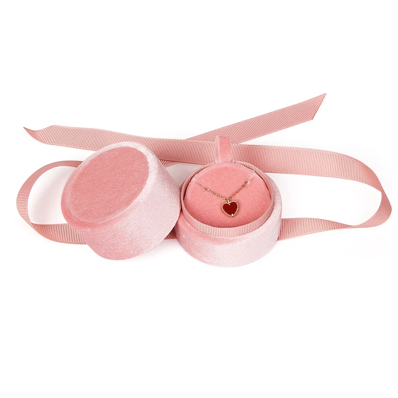 Love design Pink jewelry packaging round box velvet ring box jewellery necklace gift box with ribbon