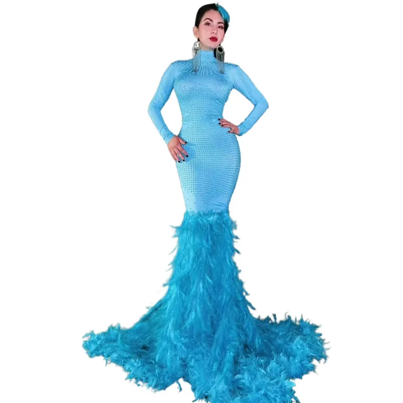 

Fashion Blue Pearls Trumpet Wedding Party Dress Ballroom Dance Wear Sexy Feathers Mermaid Long Prom Dresses Women Evening Gown