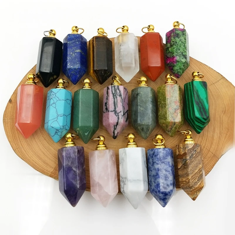 

Natural Healing Point Stone Hip Hop Men Pendant Perfume Bottle Wholesale Essential Oil Gemstone Designer Charm Jewelry for Men, Rainbow