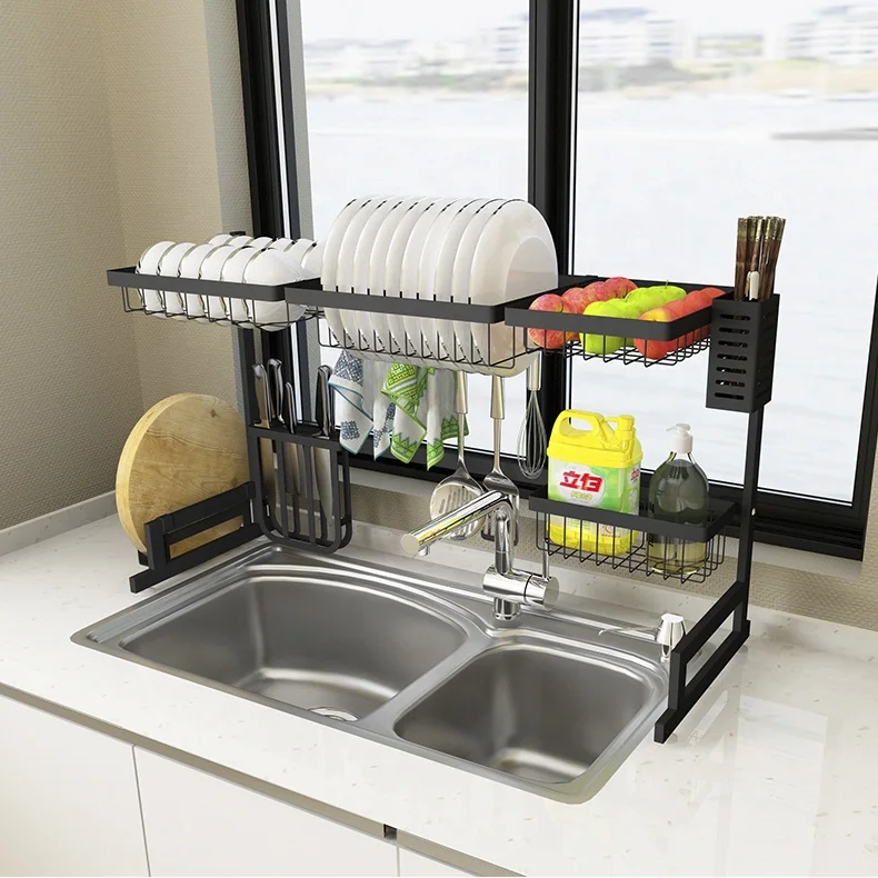 

High Quality Over Sink Dish Drying Kitchen Racks Dish Drain Rack 65cm Kitchen Stainless Steel Dish Drying Rack, Black,silver