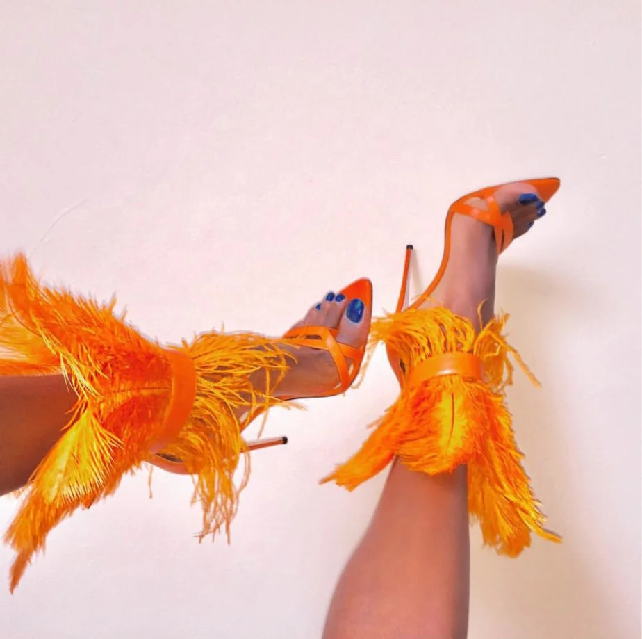 

2021 Summer New Pointed Toe Stiletto High Heels Pink Feather Sandals Female Fashion Increased Breathable Women Sandals Shoes, Black white orange