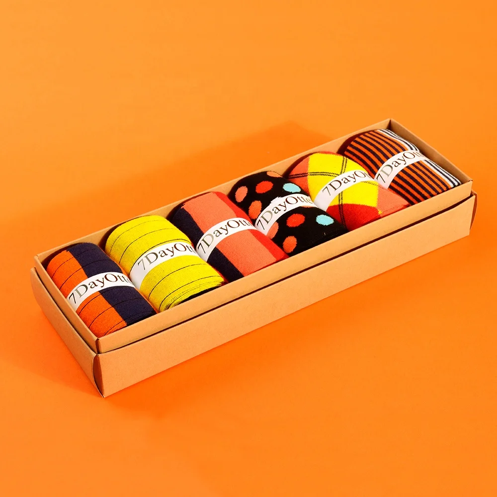 

Good quality fashion anti-shrink cotton blend standard thickness jacquard funny cool colorful 6pcs men dress gift boxed socks