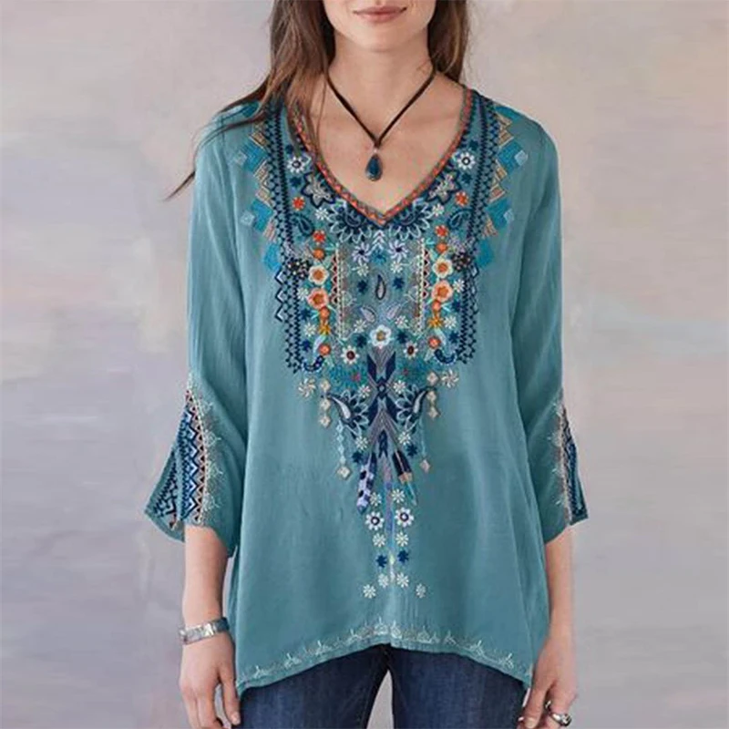 

2020 Summer Hot Women Casual Blouse Lady Bohemian Style Floral Embroidery Three Quarter Flare Sleeves V-neck Loose Blouse Tops