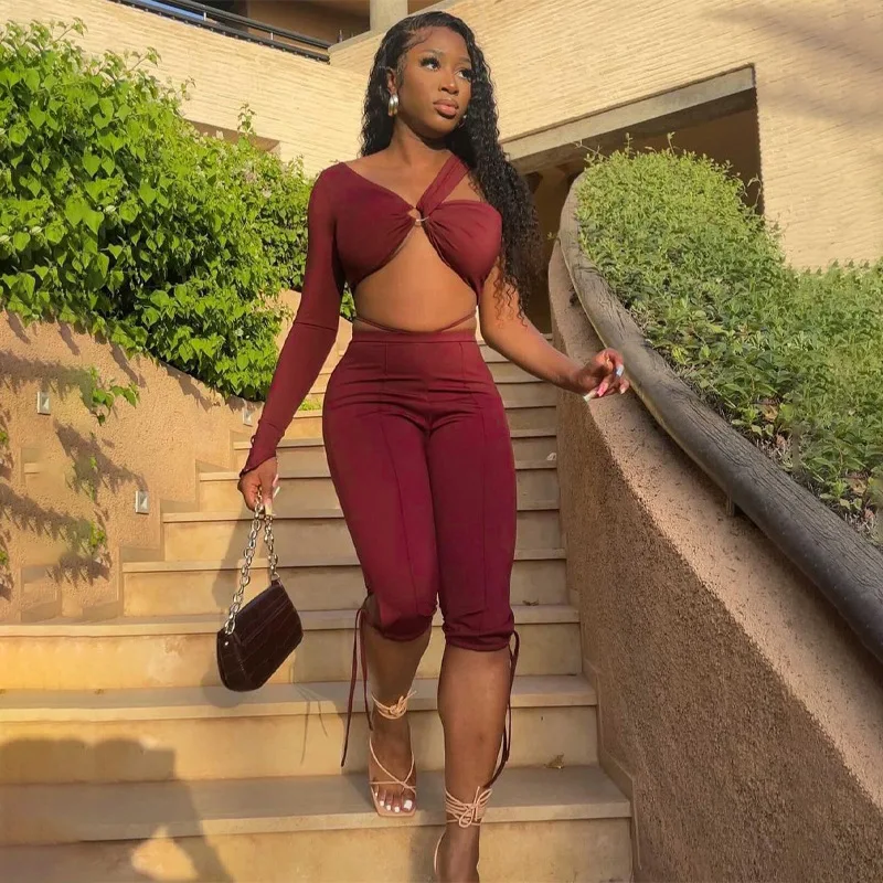 

C0322 Autumn 2021 new solid color one shoulder long sleeve vest wine red tight women's 2 pcs set