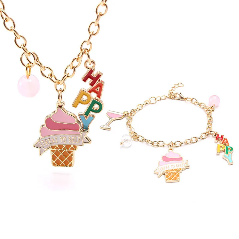 

RTS lovely letter happy ice-creams chain necklace bracelet kids boutique gift set, As picture show