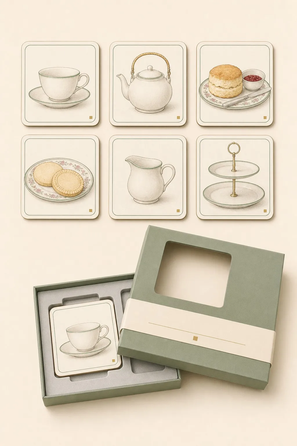 Afternoon Tea Coaster Set of 6 in Sage Green Gift Box