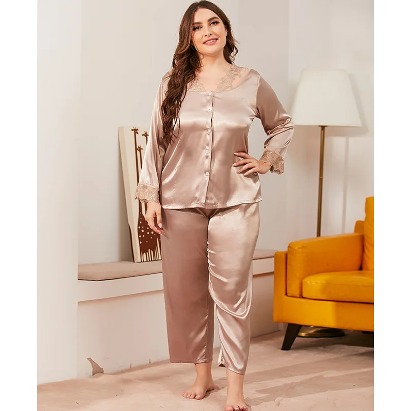 

Plus Size Drop Shipping Floral Silk Satin Sexy Pajamas Pyjama Silk Homewear Pijama Plus Size Women Sleepwear, Customized color