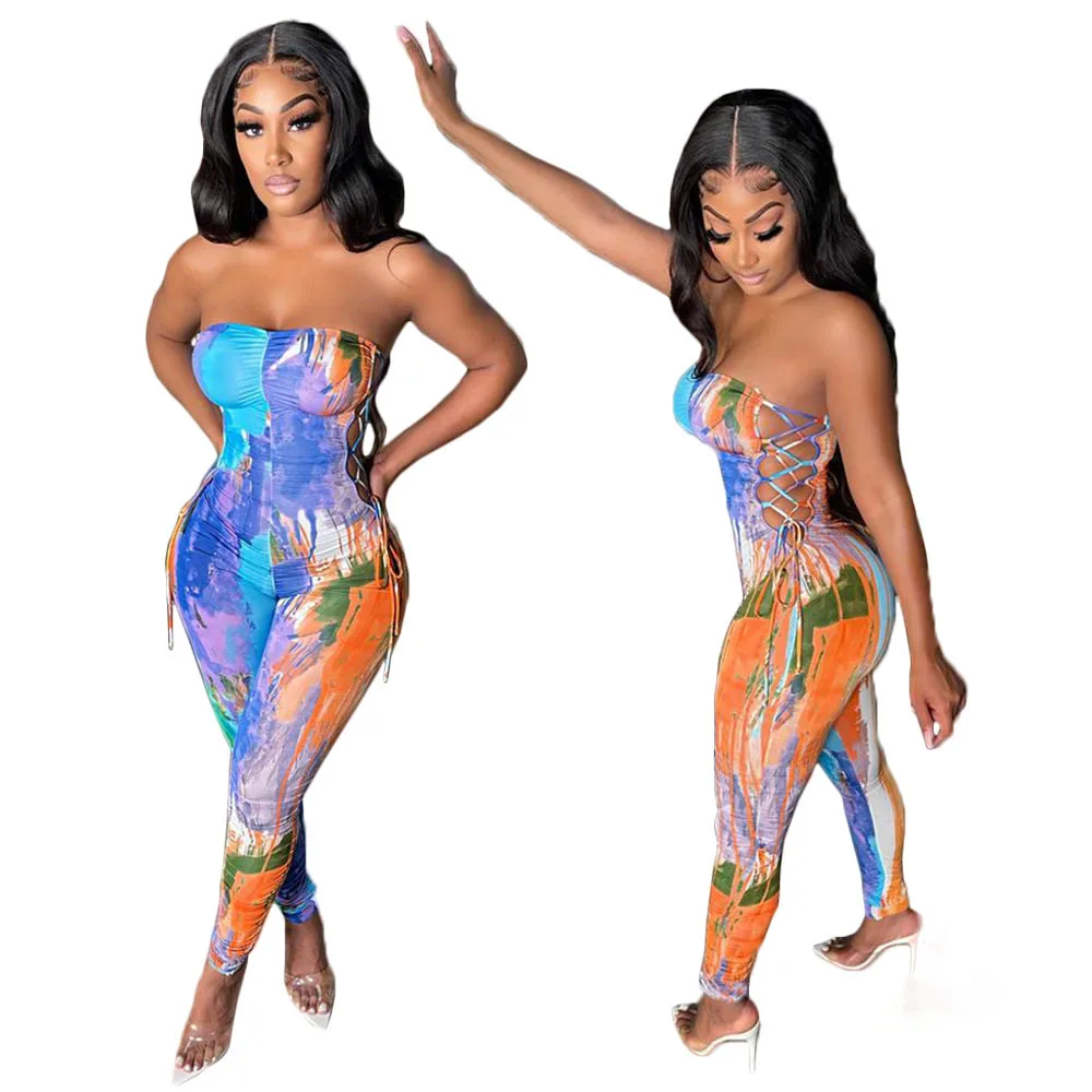 

Plus size women's summer 2021 fashion tie-dye strapless sexy jumpsuit