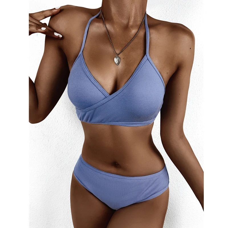

2021 Sexy Solid Ribbed High Waist Bikini Three Piece Swimsuit Women Push Up Swimwear Brazilian Bathing Suit