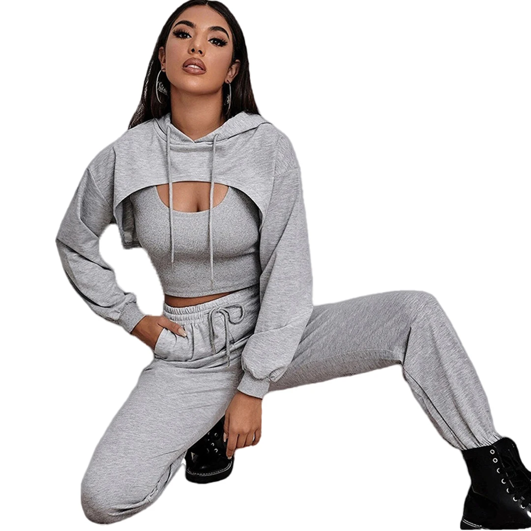 

2021 Winter Clothing Fleece Drawstring Vest Pants Jogging High Quality Sweatsuits Sweatpants And Hoodie Suit 3 Piece Women Set
