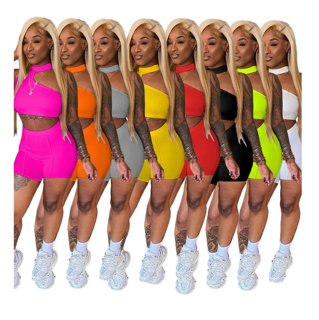 

2021 Summer Women Clothing Two Piece Yoga Crop Top Shorts Set Fashion Sports Sling Women Activewear Fitness Set