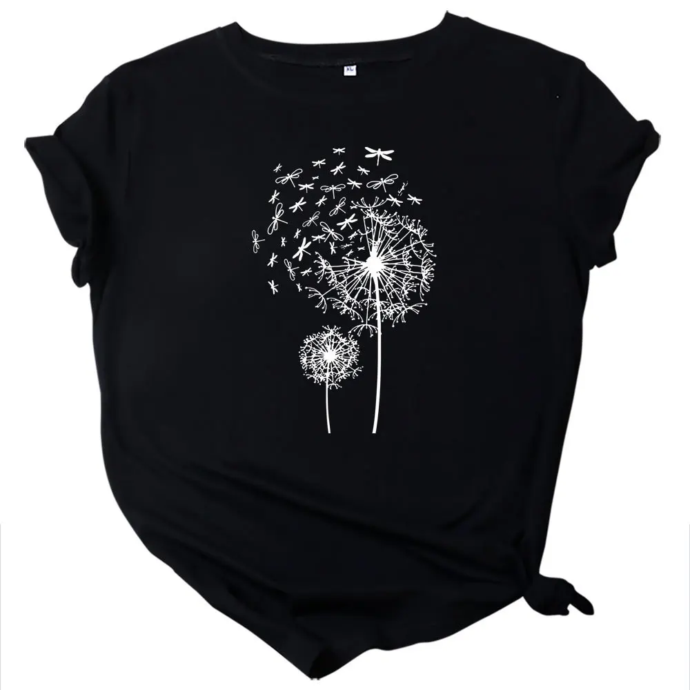 

Spring and Summer Hot Sale European and American Dragonfly Dandelion Cotton Short-sleeved Women's T-shirt In Stock
