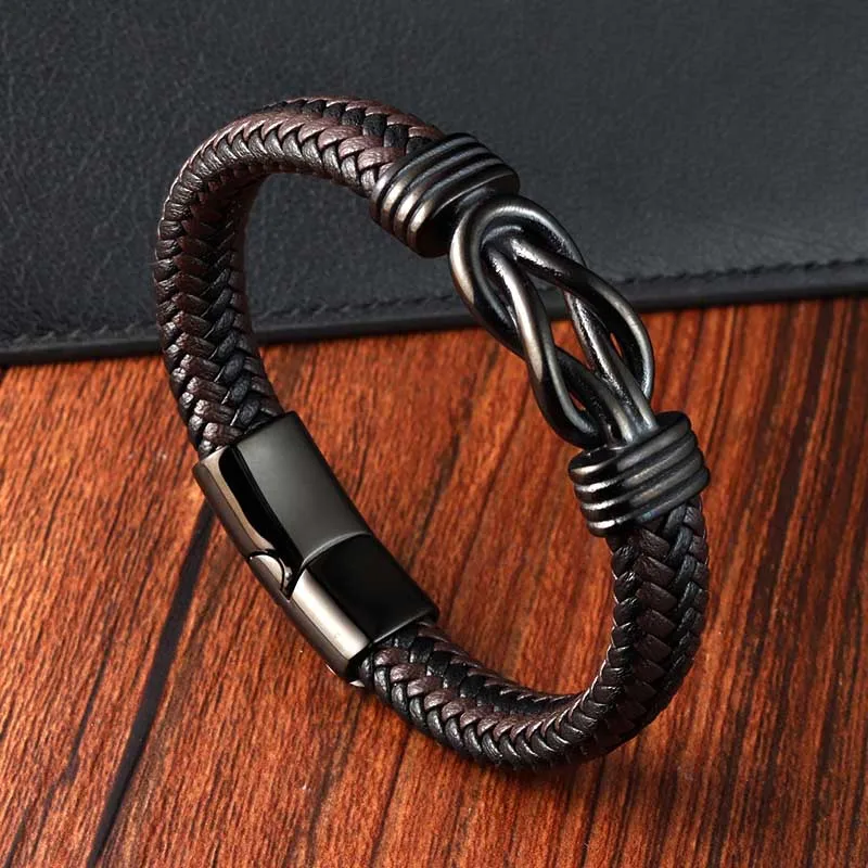 

New Arrival Handmade Smart Multilayer Braided Rope Bracelet Stainless Steel Magnetic Clasp Bangles Mens Genuine Leather Bracelet