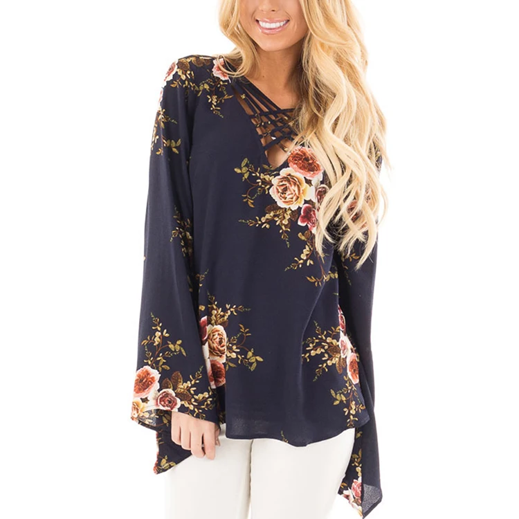 

Autumn Long Sleeve Lacing-Up V Neck Women Casual Chiffon Print Floral Blouse, Dark blue,pink ,grey ,black ,red,wjite,army green ,khaki
