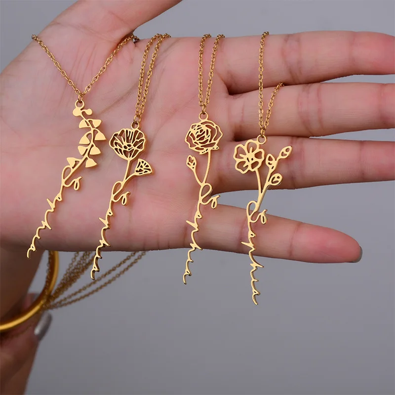 

Custom 925 Silver Name Necklace Birth Month Flower Minimalist Jewelry Gold Birthday Floral Women Mom Bridesmaid Necklace