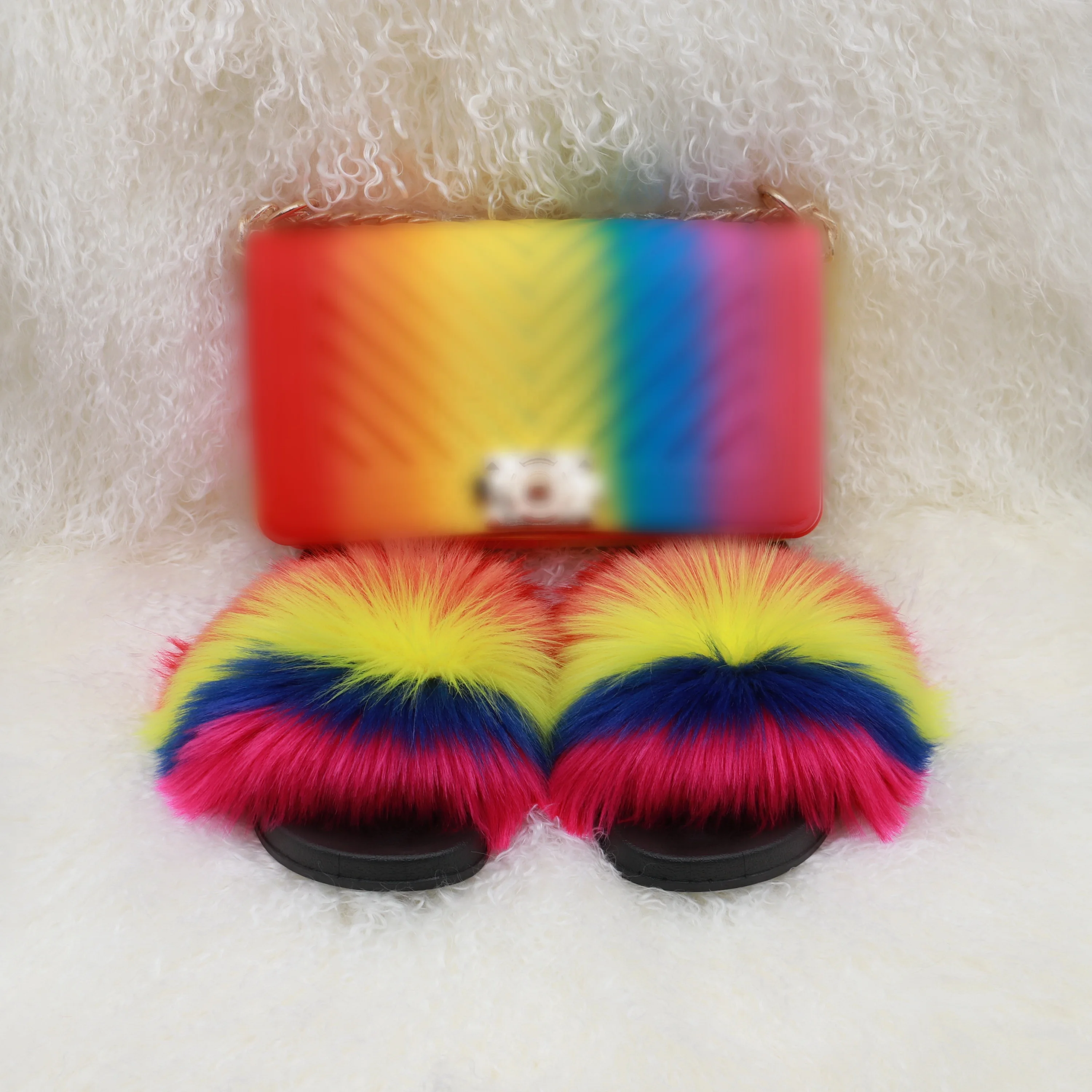 

jelly purse and fur slides sets