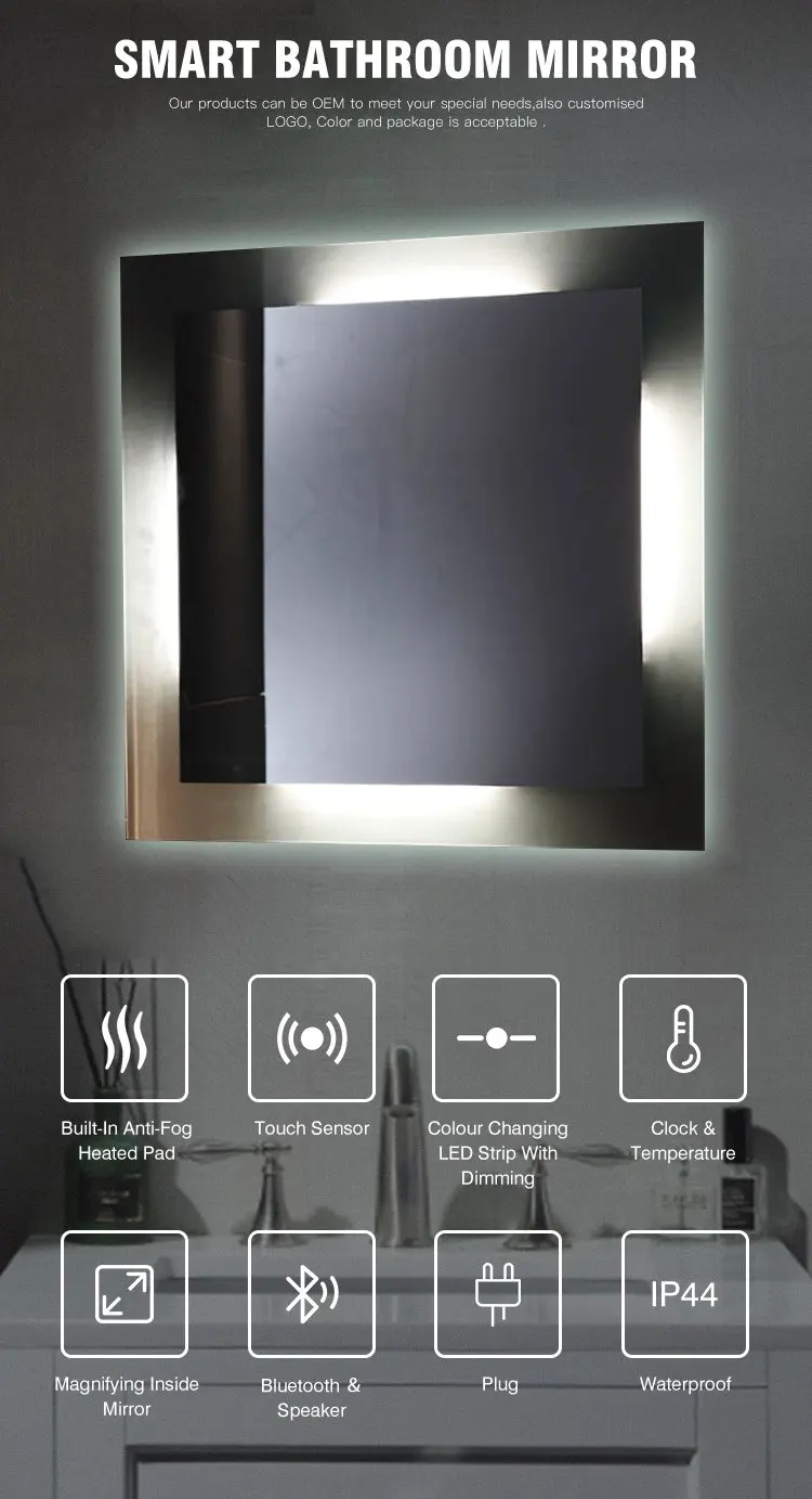 Bluetooth Function Illuminated Espejo De Bano Barato Led Light Makeup Smart Mirror In Bath Room