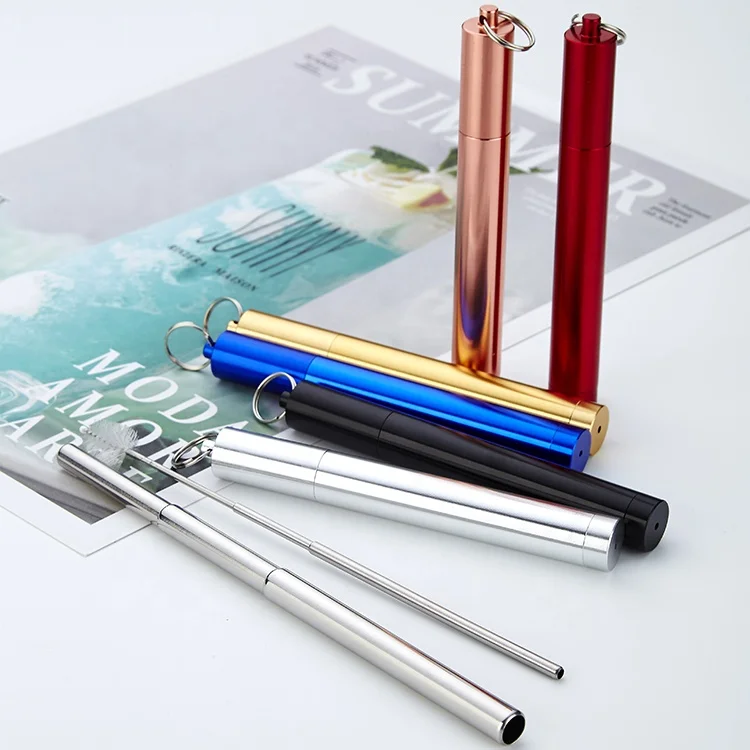 

New Style foldable collapsible reusable metal straw with Case Brush, Black/red/rose gold/gold/blue/silver