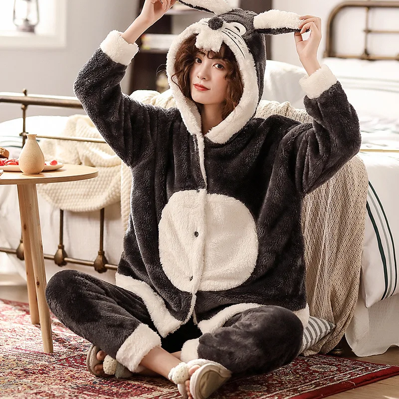 

Women's Long-sleeved Cardigan Hooded Pajamas Autumn and Winter Thicken Plus Velvet Home Clothing