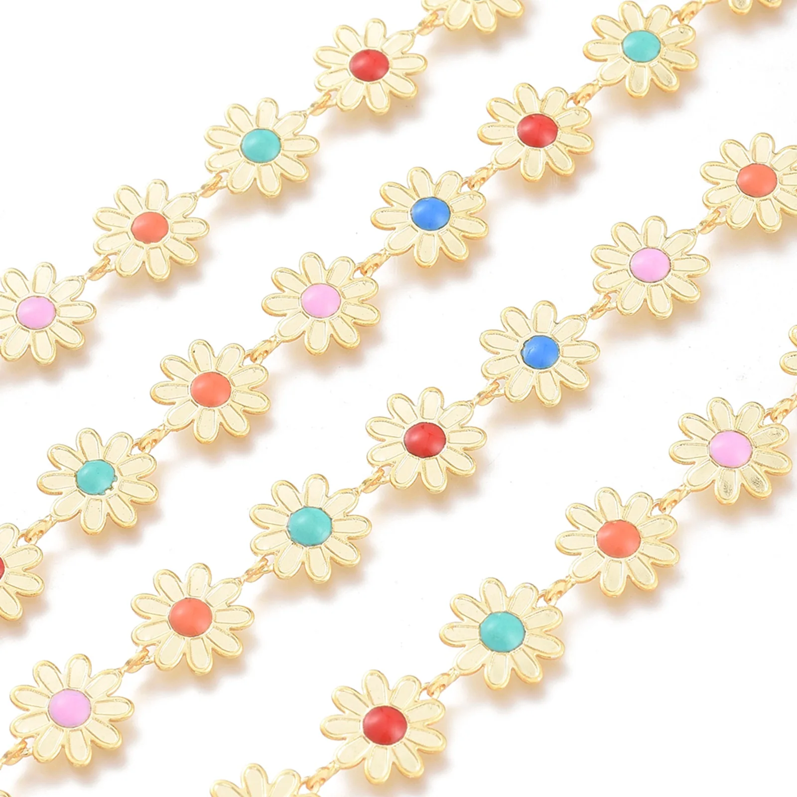 

PandaHall Colorful Brass Enamel Flower Link Chains