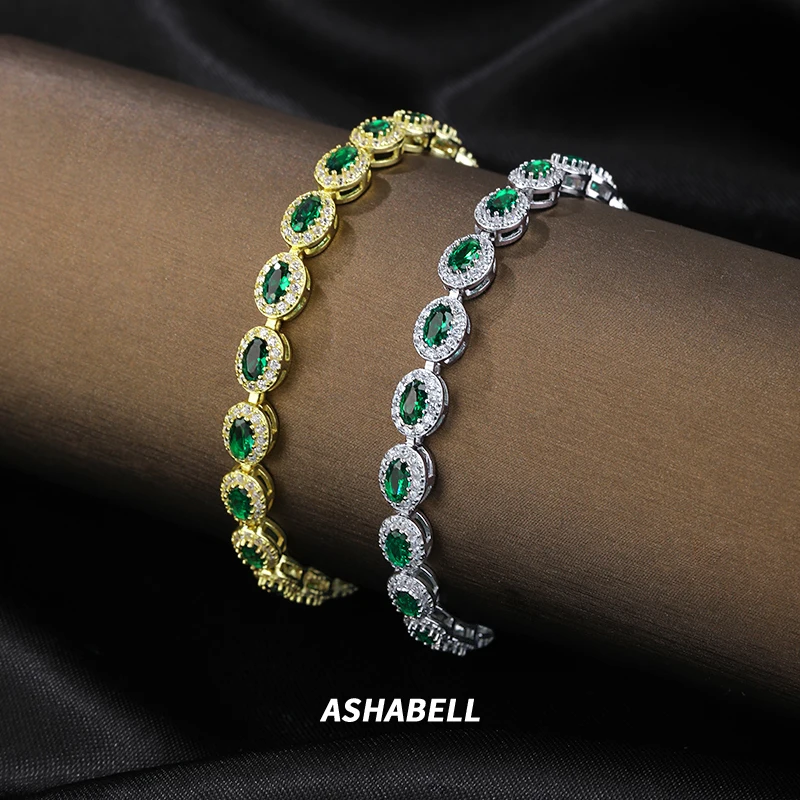 The New S925 Sterling Silver Bracelet Fashion High-end Oval Emerald Tennis Bracelet Hip Hop Neutral Style Bracelet
