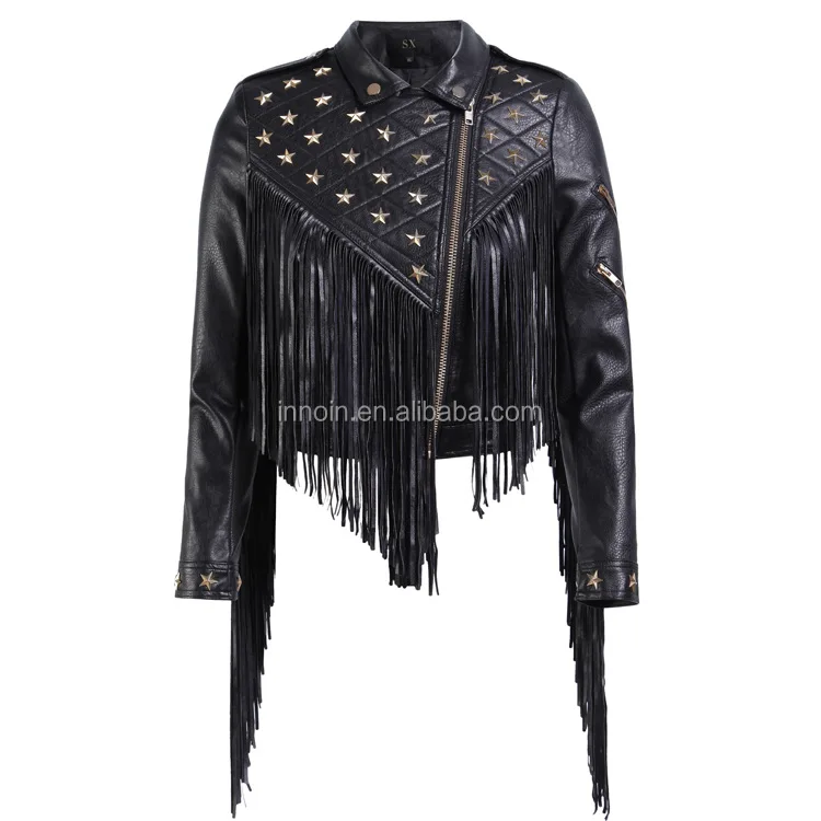 

2020 New Women Biker Leather Jacket Tassels Female PU Leather Nail Star Short Fold-down Collar Zipper Fringed Punk Coats