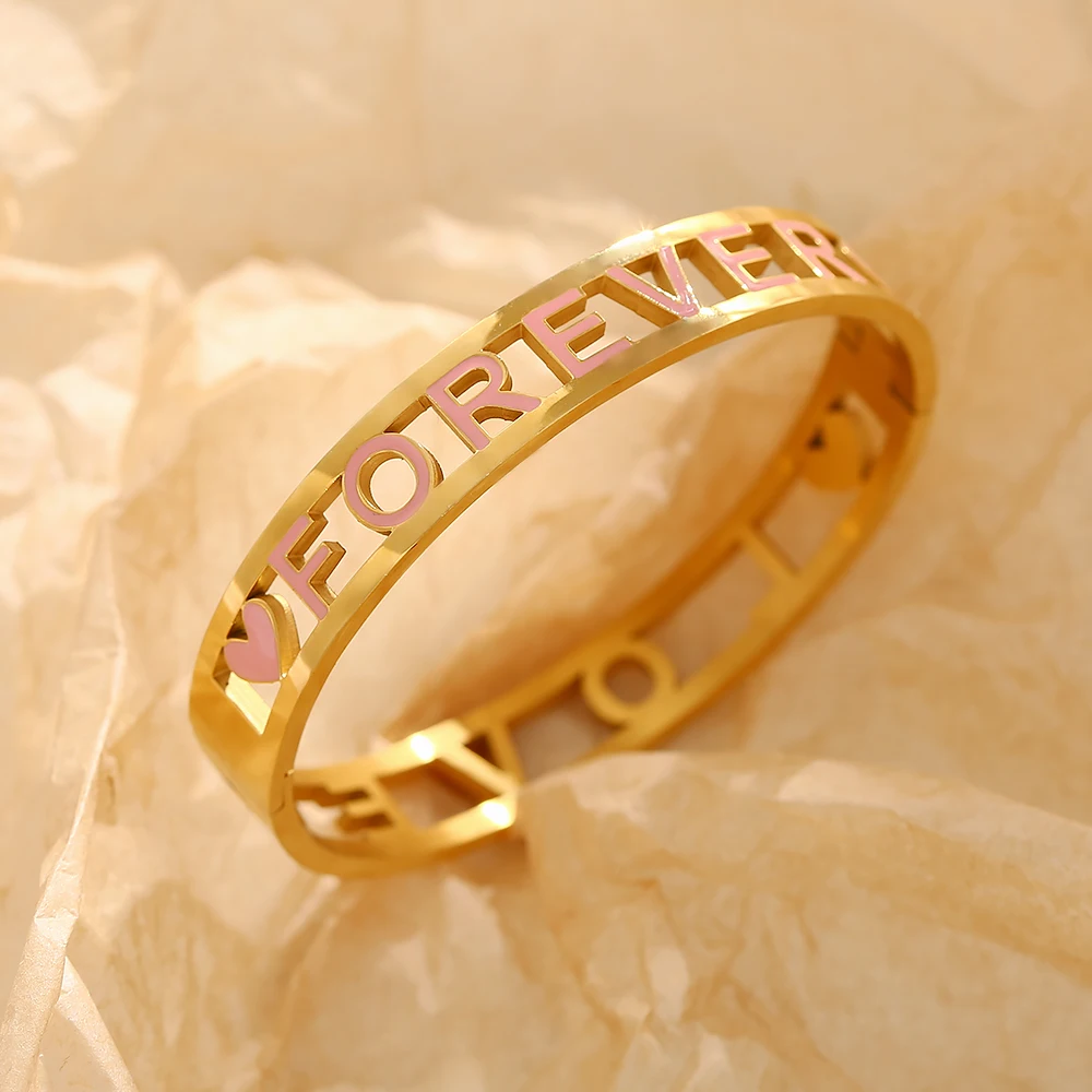 

Wholesale Forever Love Stainless Steel Open Enamel Cut Out Heart Love 18k Gold Plated Pink Enamel Bracelet Bangles