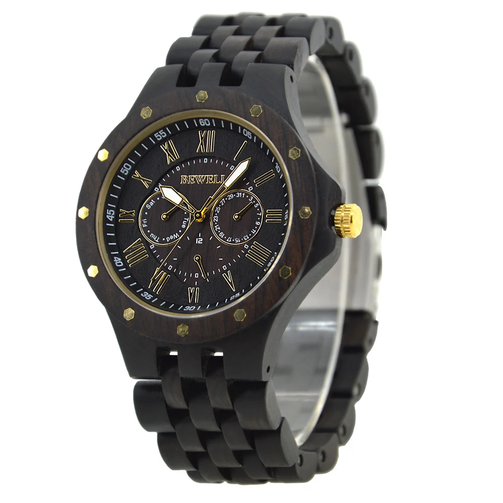 

Trendy Bewell Wooden Watches for Men Luxury Timepiece Wristwatch Custom Logo Quartz Watch, Ebony wood, zebra, red sandalwood etc