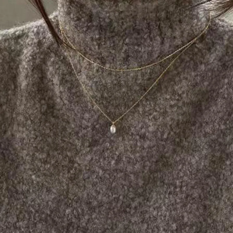 Joolim Jewelry 18K Gold Plated Fresh Water Pearl Pendant Double-layer Dainty Chain Necklace Stainless Steel Jewelry Wholesale