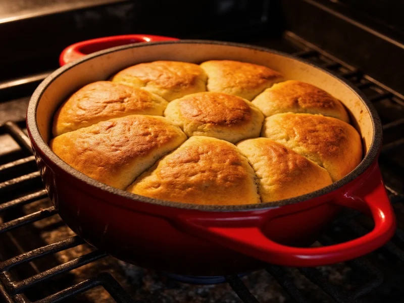 Golden brown bread baking inside preheated Dutch oven