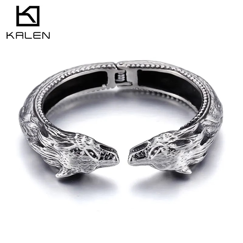 

KALEN Wholesale Factory Stainless Steel Wolf Energy Bracelet Hand Cuff Bangle, Silver