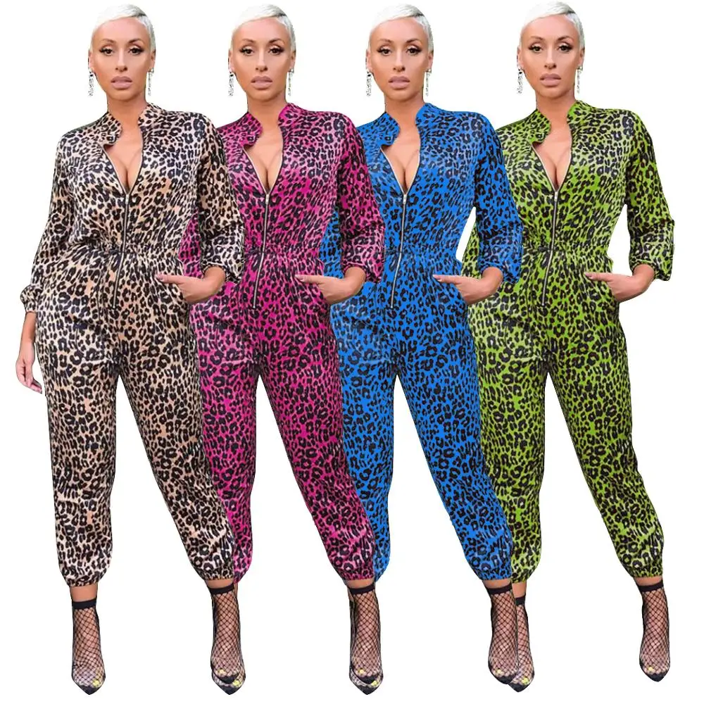 

Hot sales Womens autumn and winter long pant leopard print one piece overalls jumpsuit FM-YM8474, As picture