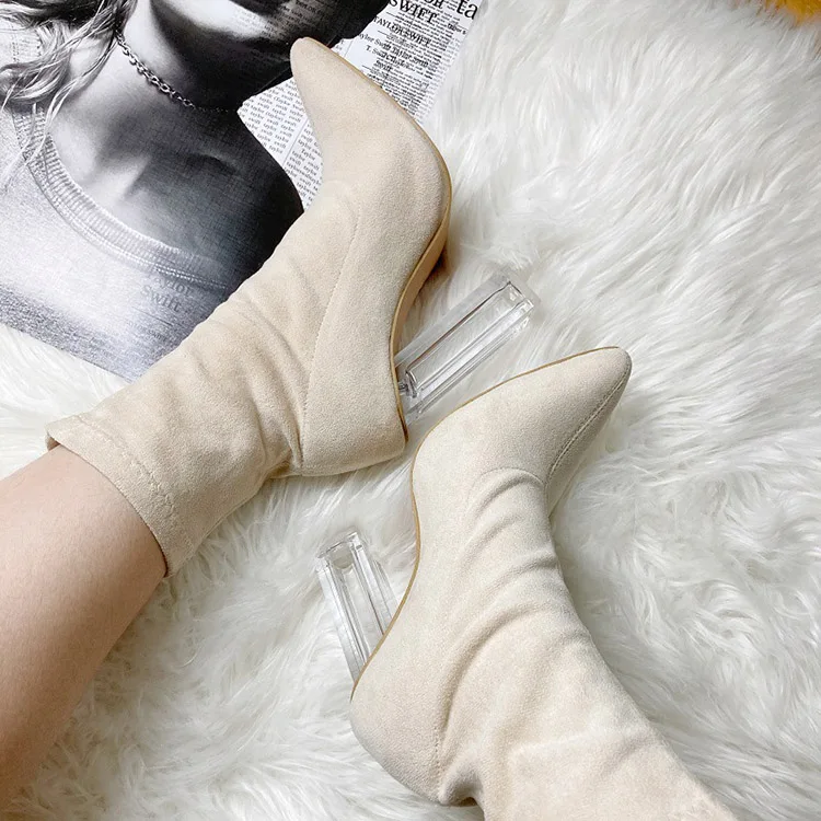 

Ladies Winter Shoes Fashion Sexy Pointed Toe Transparent Heel Suede Boots For Women, Black,apricot