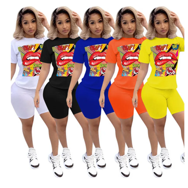 

women Wholesale Lip Printed Summer Trendy Plus Size Two Piece Set Women Clothing Boutique Latest Design Shorts +Tops, Picture