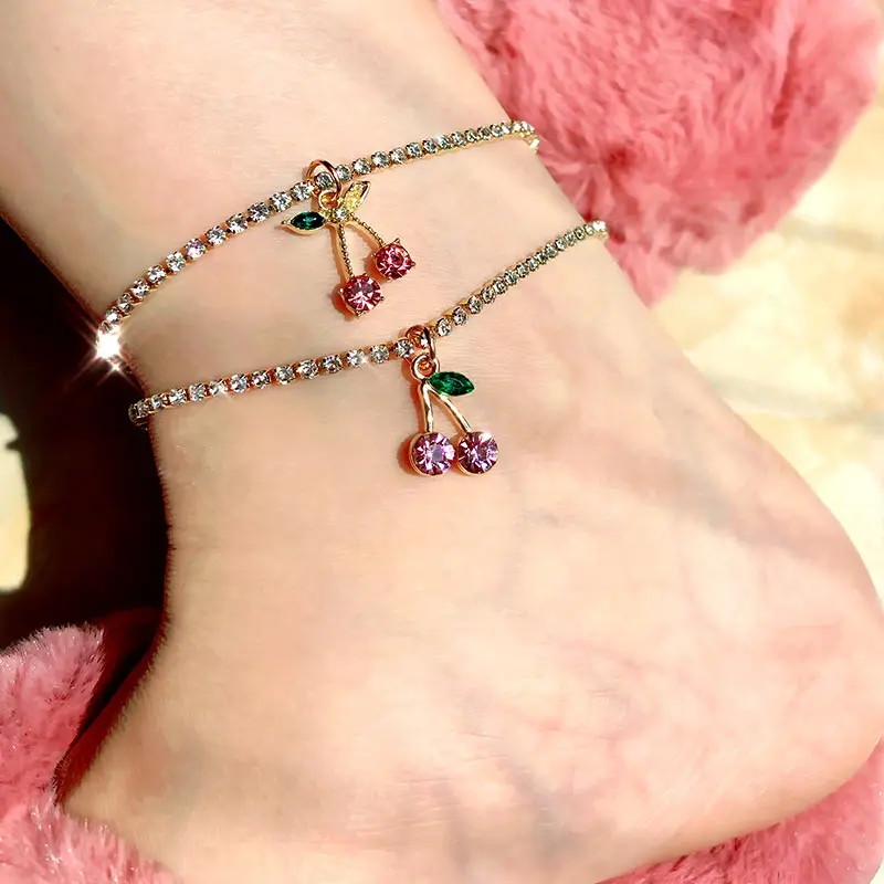 

Trendy Jewelry Sets Alloy Material Bling Tennis Cherry Anklets With Adjustable Chain, Opp+card