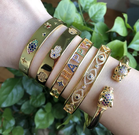

Handmade Bracelet Copper Micro Diamond Eye Palm Faucet Shape HAPPY Letter Lady Unique Design Diamond Crystal Bangle, Picture
