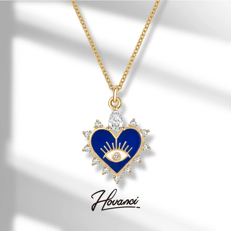 

HOVANCI European Personality Stainless Steel Blue Enamel Geometric Round Turkish Evil Eyes Heart Shaped Crown Pendant Necklaces