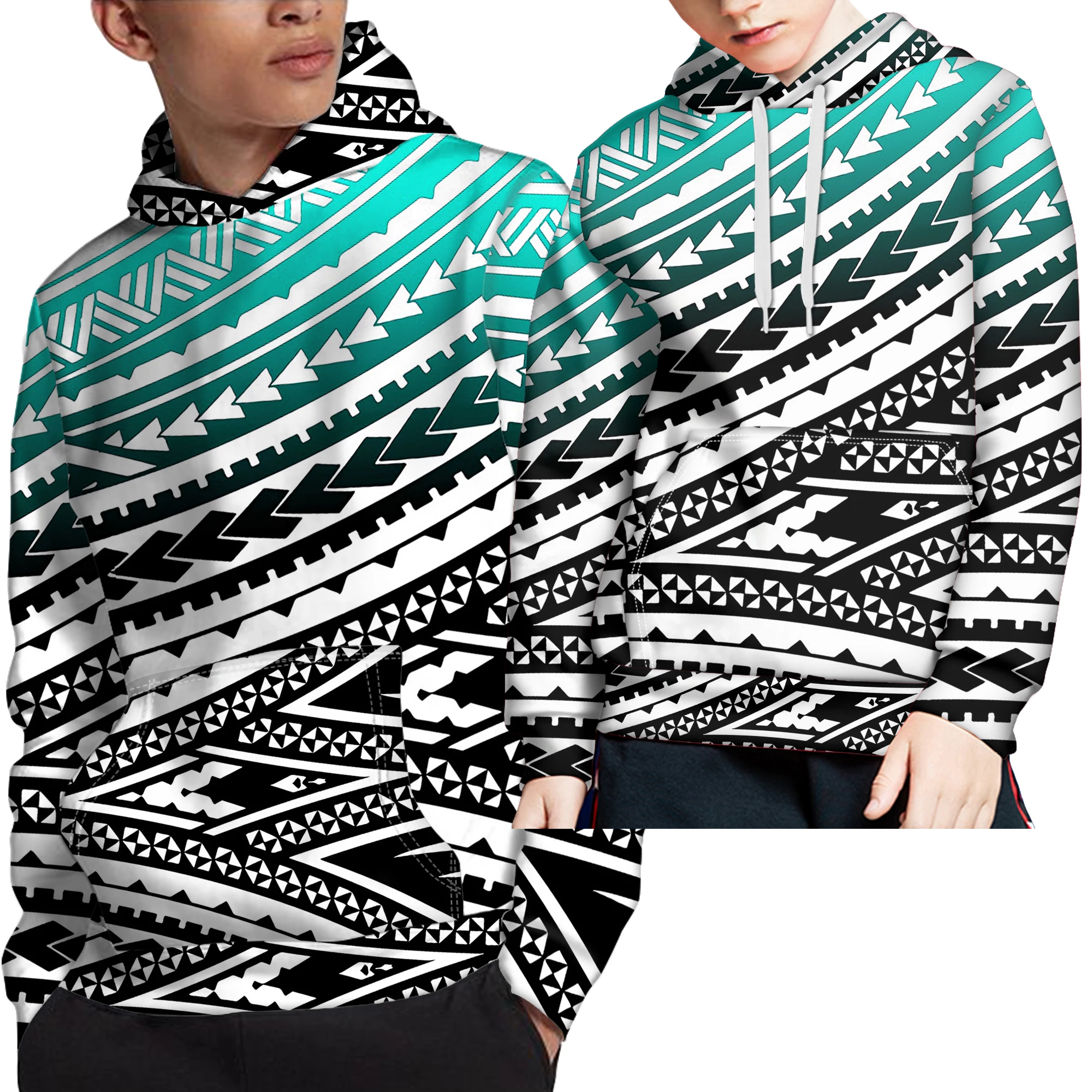 

Wholesale Hoodies For Men Plus Size Customized Gradient Stripe Polynesian Tribal Print Hoodie Match Kids Sweatshirt Family 2 Set