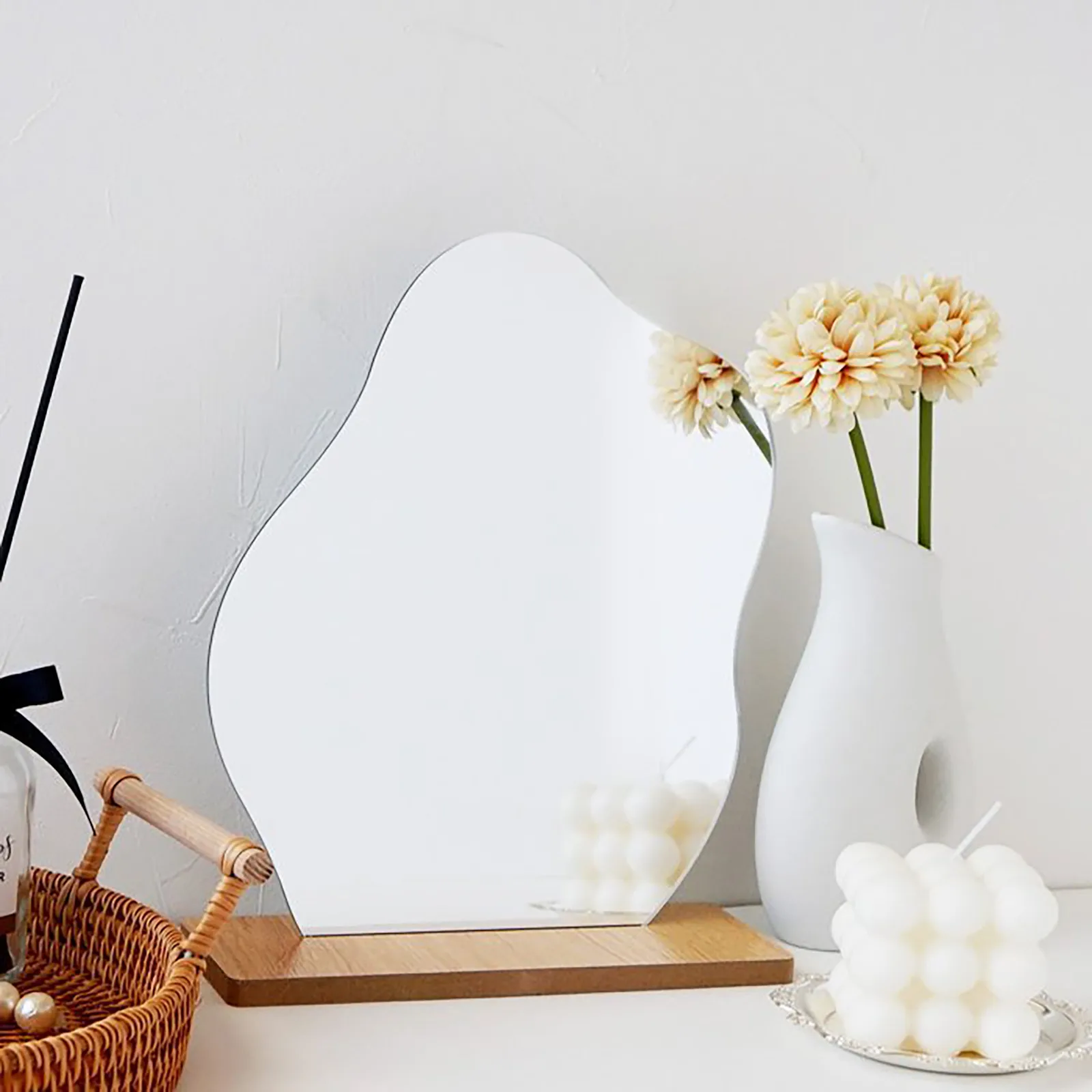 

Makeup Mirror Ins Korean Irregular Acrylic Make Up Mirror With Wooden Base Cosmetic Beauty Tools Dropshipping