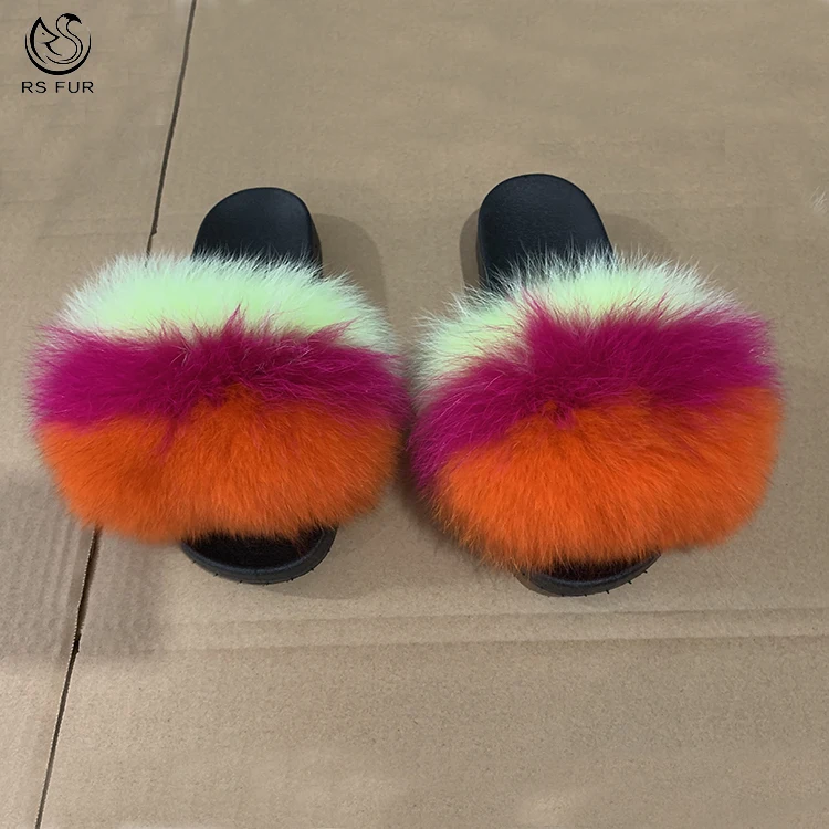 

Renshibohan Fluffy Soft Fur Slippers Women Luxury Fox Fur Slippers with Custom Color Logo, Pink,yellow,white,black,green,or custom