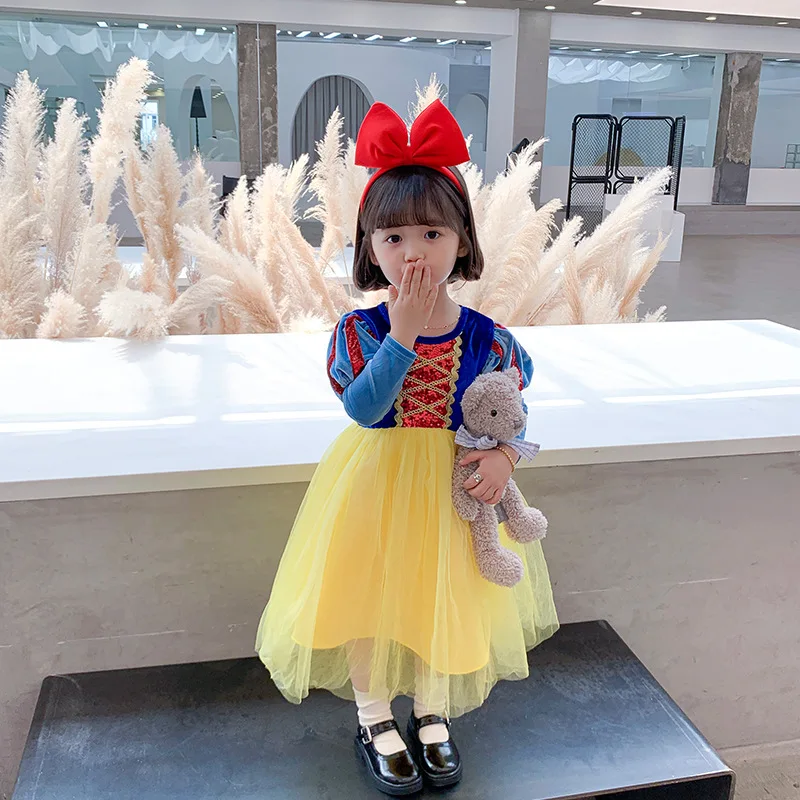 

MQATZ Latest Design Cute Girls Party Wedding Snow White Dress Kids Stage Dance Princess Cosplay Costume, Yellow