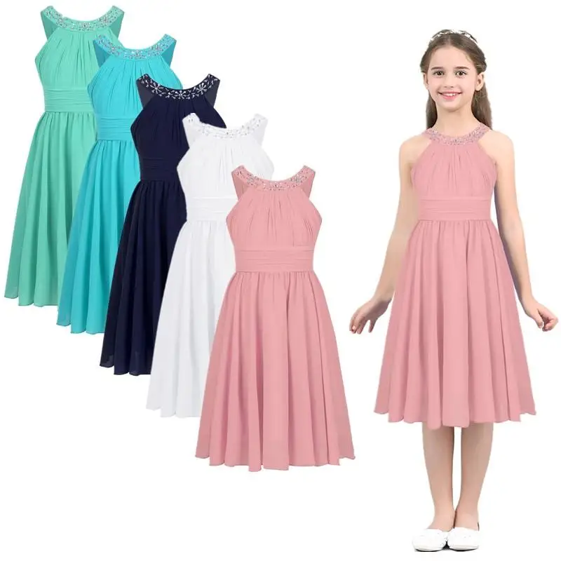 

Cheap Sleeveless Chiffon Halter Neck Midi Dress Girls Wedding Bridesmaid Party Formal Ball Gown
