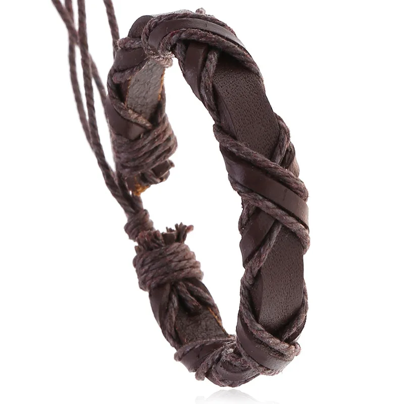 

Punk Charm Handmade Brown Rope Handmade Wax Genuine Leather Bracelet Women Men Jewelry