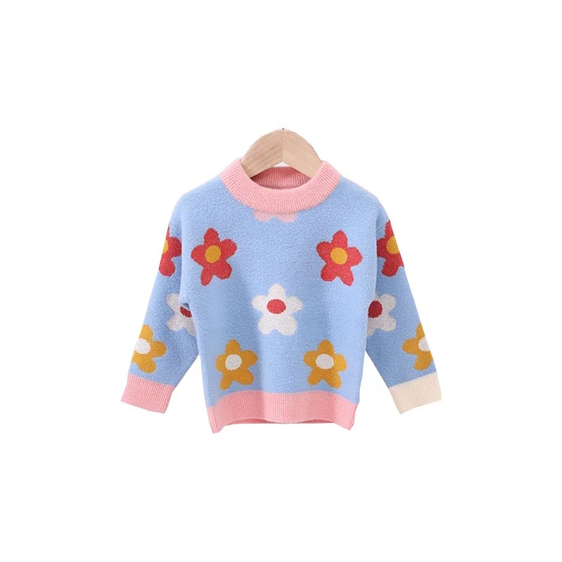 

B60381A Sweet flower girl warm sweater for children, White pink light blue