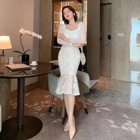 

2021 Autumn Lady Long Sleeve Bodycon Casual Dress Women's Lace Prom Dress, White